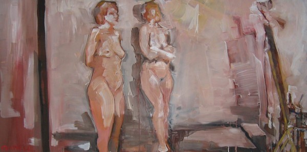 2 Models in Studio, Oil on Masonite, 24x48 inches